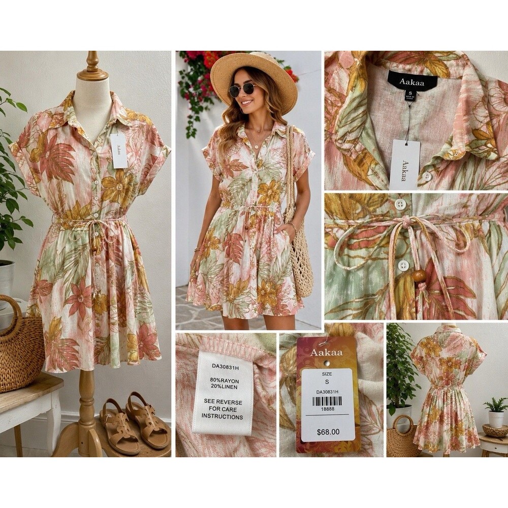 Aakaa Womens S Floral Linen Blend Shirt Dress Button Front Boho Cottagecore NWT